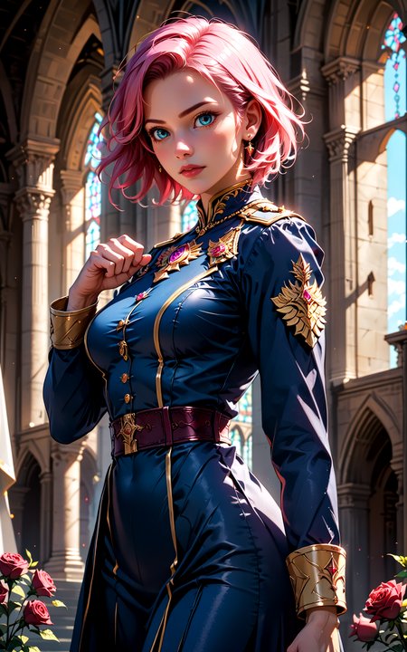 score_9, score_8_up, score_7_up, 
steadfast woman with pink hair, standing guard with sword at the ready, red roses surrounding her, vigilant expression, soft lighting, vibrant colors, high contrast, hyper-realistic, strong pose, detailed, high-definition, protective, cinematic, calm, poised, regal atmosphere
noblewoman, military uniform, long sleeves,  short hair,  grand cathedral, raised hand