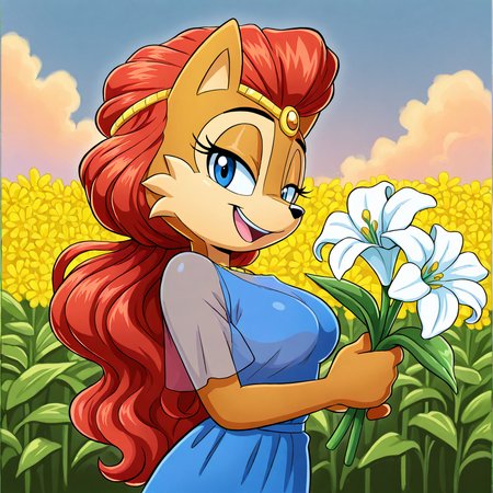 (masterpiece), (best quality), (ultra-detailed), amazing quality, very aesthetic, illustration, perfect composition, intricate details, absurdres, incredibly absurdres, aliciaacorn, 1girl, solo, long hair, breasts, looking at viewer, smile, open mouth, shirt, dress, holding, animal ears,  breasts, upper body, flower, short sleeves, teeth, shiny, outside, clouds, garden, see-through, looking to the side, hands up, blue dress, half-closed eyes, happy, tiara, blue shirt, white flower, furry, cropped torso, holding flower, animal nose, lily \(flower\), two-tone fur, daisy, tulip, body fur, brown fur, two tone fur, red hair, blue eyes, furry female <lora:alicia_acorn_illustrious:1>