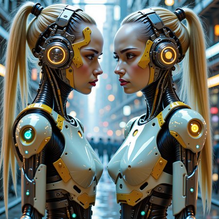cybotix, a pair of futuristic identical women with ponytails, the words 'DEE TWEEDLE DUM' written on a ribbon at the top of the picture