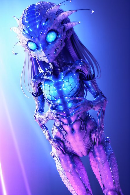 (Blue and purple A diminutive being with a bioluminescent, phosphorescent body that emits a soft, soothing light. It has large, compound eyes and delicate, translucent wings, reminiscent of a luminescent butterfly. Its movements are graceful and agile.:1.2) (Realisitc:1.5) alien woman monster, breasts, <lora:EdobMonsterFemale2_v1.0:0.8>