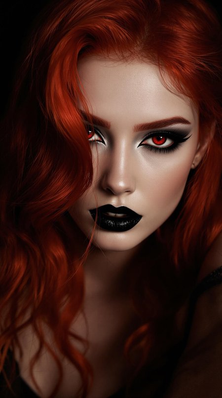 fantasy art, woman , young, vibrant red hair cascading over her shoulders and half her face, , seductive, ,, , sitting,,, pale skin, seductive image, serene, untouched beauty, clear, lively, detailed face,black lipstick ,  bold, expressive eyes highlighted by dramatic, winged black eyeliner and shimmering red irises  ,gothic and alluring, seductive look, realistic, black background
lighting is soft yet intense, casting subtle highlights across her hair and face, emphasizing the vivid colors and smooth textures. The overall mood is mysterious, seductive, and elegant, with a minimalist yet striking aesthetic.
timeless beauty
SFW