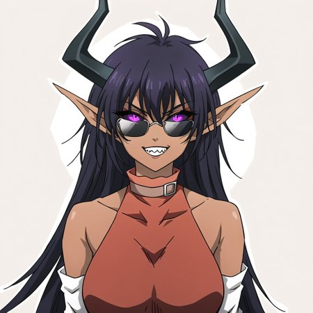 A dark elf style, with an ultra-detailed and striking appearance. Her large, bulging eyes glow in a deep purple hue, with black irises and dark purple sclera, exuding an intense, supernatural aura. Her long, dark purple hair frames her fierce expression, highlighting a wicked smile with sharp, pointed teeth, adding a sinister touch. She has long, pointed elf ears, and large black horns curve back from her head, giving her an intimidating and powerful look. She wears stylish glasses, and a skeletal mask design covers her mouth, accentuating her enigmatic nature. Dark mystical tattoos are visible on her neck, completing her mystical and intense presence against