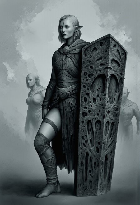 MikeFranchinastyle, Surreal art, d4artstyle, d4concept, , made of clay, aidmaMJ6.1, ZBClay model of a gray sculpture, Kentaro Miura, berserk style, H.R. Giger
character with a mysterious and stoic presence, standing confidently in a dramatic pose. The character has short, wavy hair that partially covers their eyes, giving an air of mystery. They have pointed elf-like ears and are dressed in a form-fitting, minimal outfit that includes a cloak draped behind them, adding movement and depth to their silhouette. One thigh has a dark strap, contrasting against the rest of their outfit, while the character's bare feet suggest a grounded, almost primal essence. They hold a large, oversized shield with a simple but striking design. Capture the character’s intensity through strong contrast, emphasizing shadows and sharp angles, lending an edgy and intense feel to the scene.
Background solid color with a faded dimly lit, fog-covered darkness tone that emphasizes its silhouette. The medium is not a traditional painting or illustrative medium like watercolor or ink but rather a digital rendering, eerie and unsettling.