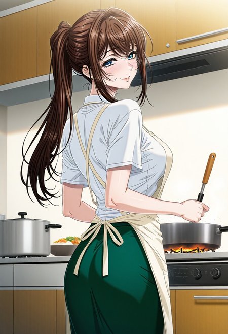 masterpiece, best quality, newest, highres, uncensored, 1girl, yokota mamoru style,1girl, slender face，motion lines,blush,torogao,looking at the viewer,seductive smile
Asai Sayaka,Brown Hair, Ponytail,Blue Eyes,Medium Breasts, Slim,long hair
1girl,solo
1girl, solo, long hair, nake apron, cooking, from behind, skirt, kitchen, indoors, short sleeves, food, green skirt