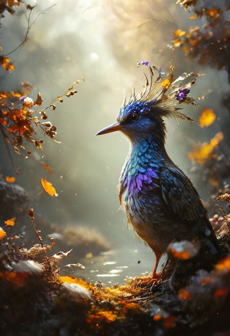 ral-apoctvisn, dark, chiaroscuro, low-key, breathtaking masterpiece showcasing a gorgeous little bird, Violet-crowned nymph,  bathed in soft, golden morning light, surrounded by vibrant bokeh balls that frame its delicate form. The image will be rendered in sharp detail, capturing every feather and intricate feature of the bird with stunning clarity. The soft, diffused lighting will enhance the warmth and radiance of its plumage, while high-quality bokeh adds a magical touch to the scene. Multiple image exposures will be expertly combined to emphasize the bird's vibrant colors and captivating gaze, resulting in a lifelike portrayal of tranquil beauty.
The artwork will feature shimmering digital colors in a mixed media style on textured paper, creating an overlapping, asymmetrical, abstract composition bursting with vibrant hues. Every inch of the image will be filled with intricate details, from the feathers of the nymph to the surrounding environment, all depicted in extreme detail. The wide range of colors will add depth and richness to the scene, with soft shadows and low saturation tones creating a serene yet evocative atmosphere.
With insane quality, resolution, and details, the final image will be a true masterpiece of nature photography, showcasing dramatic, dynamic, and cinematic elements. The sharp details will bring the scene to life, immersing viewers in the beauty and wonder of the Violet-crowned nymph in a way that is both breathtaking and captivating.