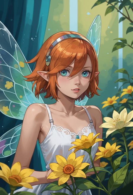 zPDXL2, from below, breast focus, depth of field, detailed, best quality, vibrant colors, high contrast,
(half body shot:1.1), solo gallica, fairy wings, orange hair,
looking away, (happy:0.9), (curious:0.9), on stomach,
white sundress, cyan panties,
abstract background, watercolor effect, flower, hourglass, large flower, see-through fabric, curtains, transparent,
<lora:add-detail-xl:1.5> <lora:gallica_(metaphor)-PD-1.0:0.9>