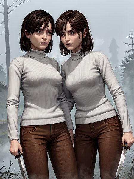 fog, mist, 2girls, source_3d, score_9, turtleneck sweater, brown pants
sh2rangela <lora:AngelaSH2andRemake:0.5> 
sh2angela <lora:Angela Orosco (Silent Hill 2):0.5> holding knife