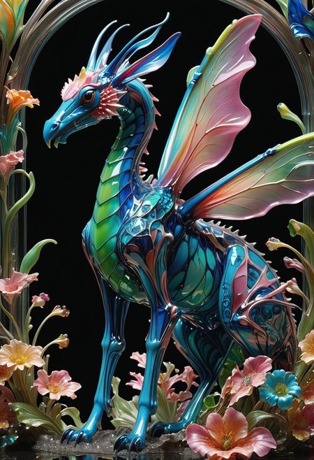  made out of,colorful,liquid,Murano Art glass,highres, 
A swarm of mantises, their exoskeletons formed from neon-lit, stained glass segments, gathers on a giant, bioluminescent flower. The mantises, each a different vibrant hue – electric blue, pulsating pink, acid green – seem to absorb the flower's light, their bodies glowing with an otherworldly intensity.