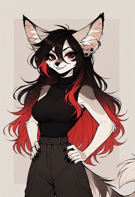 safe_pos, score_9_up, score_8_up, score_7_up, score_6_up, source_furry, (best quality:1.1), ultra-detailed, high resolution, highly detailed macro illustration, solo BREAK 1girl, Rixa, anthro, female, (gray and white fur), animal ears, earrings, black ear tips, fluff in ears, thin black eyebrows, black animal nose, (beautiful red eyes:1.4), (long eyelashes:1.2), black hair, red tipped hair, long hair, striped fluffy tail, slim, narrow waist, breasts, smirk BREAK black top, look at viewer, hands on hips, black claws BREAK abstract background, highly visible, sharp focus, anatomically correct