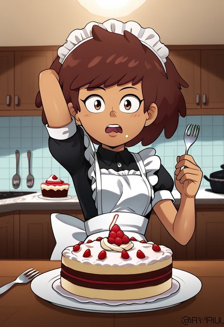 Reviruu, CHANNEBOONCHUY,
wearing maid uniform, maid headdress, feeding, food, open mouth, incoming food, looking at viewer, holding fork, cake, one hand behind head, indoors, in a kitchen, dynamic angle