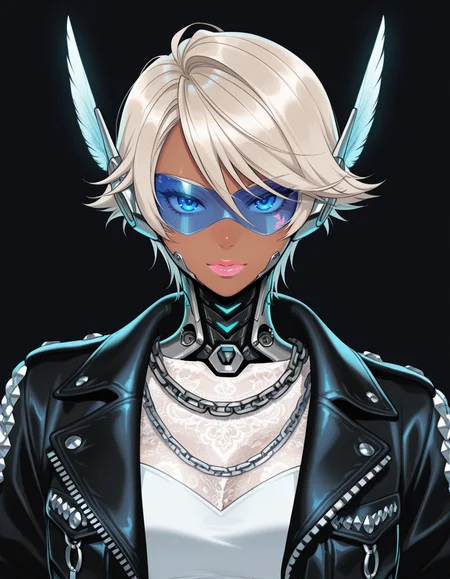 (masterpiece, best quality, ultra-detailed, absurdres, newest, detailed textures, correct anatomy:1), 
fair-skinned woman with platinum blonde hair, wearing a black leather jacket adorned with intricate silver chain patterns and feather-like decorations, (mechanical jaw, mechanical neck:1.3), visor, soft blue and white lighting, ethereal and mysterious atmosphere, elegant and stylish, sci-fi elements, cyberpunk fashion, futuristic, high contrast, glowing feathers, smooth skin, glossy textures, dark background with subtle light effects, dramatic lighting, sophisticated and enigmatic, visually stunning, modern and contemporary style, fantasy elements, intricate design, mesmerizing visual, elegant and graceful, high fashion, surreal and dreamy, enchanting and alluring, <lora:Fleetway-Elson:0.25>, fleetway-elson, <lora:TSMPK-IL:0.25>, tsmpk style, <lora:n0riuma_style:0.25>, n0riuma_illu, <lora:p1ge0n666:0.25>, p1ge0n666_illu