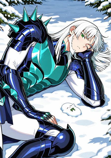 SSTHR, 1boy, male focus, toned male, medium hair, white hair, beard, green eyes, blunt cut, chin guard, teal spikes, phecd armor, fingerless gauntlets, thighhigh greaves, white bodysuit, outdoors, lying down, snow, snow print, ;<, one eye closed, looking at viewer,

masterpiece, best quality, amazing quality