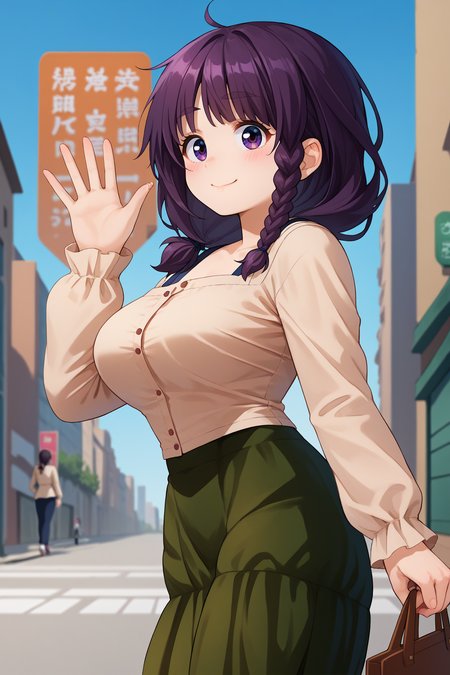 score_9, score_8_up, score_7_up, score_6_up, source_anime, 1girl, solo <lora:mayumatsukaze-pdxl-nvwls-v1-000005:1> nkmm, purple hair, black hair, braid, hair over shoulder, purple eyes, beige cardigan, buttons, long sleeves, green skirt, long skirt, large breasts, smile, closed mouth, blush, waving, from side, city, blue sky