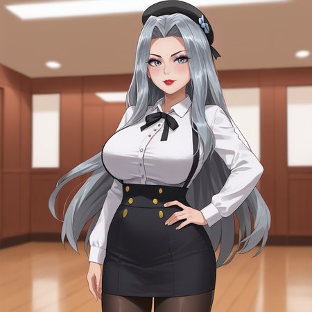 <lora:karenpokemon_pony_v1:.8>  KarenPokemon, 1girl, solo, long hair,large breasts, grey eyes, grey hair, eyelashes, lipstick,eyeshadow, cowboy shot,  <lora:0902 Home wear 5_v1_pony:1> ruanyi0902,beret,black ribbon,collared shirt,black pantyhose,high-waist skirt,white shirt,suspenders