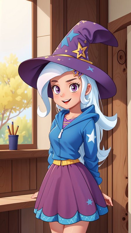 (masterpiece, best quality:1.2),<lora:mlp_trixie-10:1>,cowboy shot,solo,1girl,mlptrixie,colored skin,blue skin,smile,looking at viewer,arms behind back,star hair ornament,witch hat,blue hoodie,purple skirt,