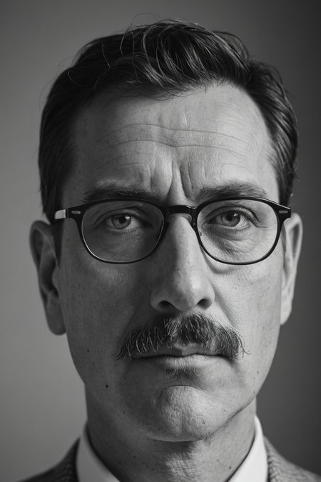 A close-up portrait of a man with moustache and glasses,looking serious into the camera. Black and white,high contrast,reminiscent of the cinematography of Freddie Young,(tiny_nose:1.1)