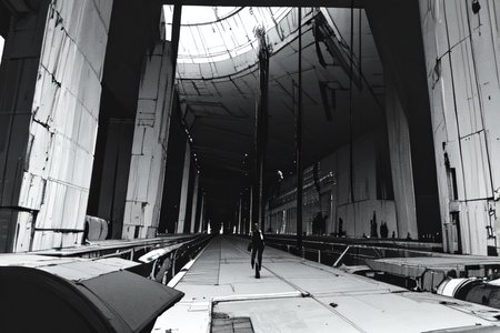 highly insanely detailed, masterpiece, top quality, best quality, highres, 4k, 8k, RAW photo, (very aesthetic, beautiful and aesthetic),  
tsutomu nihei,nihei_tsutomu,blame!,blame gakuen!,abara,TNstyle,sidonia_no_kishi,(sidonia \(ship\),lab,megastructure in background,mausoleum,tunnel,stairs),empty,open space,no human,science fiction,dystopia,destroyed,flock,decrepit,blm,dark background,futuristic,vast scenery,perspective, 
<lora:blameLora_v10:0.8>, 
(1girl:1.3), 
solo focus, 
downtown,city,âââ