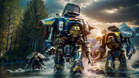 realistic analog photo, award winning photo,
 <lora:FantasyLandscape-10:0.75> fanlan, 
 <lora:Titans MK1 by CARAXES:1> titans, reaver, giant, massive size diffrence, marching across river,
RAW, highres, 8k, uhd, High Dynamic Range, tonemapping, crisp details,