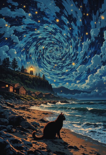 on the beach at night, under a bright starry sky with swirl patterns ((The sky is filled with Van Gogh style, twisted into swirl lines, creating a feeling of movement, as if the stars and clouds are pulsating and rotating)) 
A black cat sits on the shore. In the background you can see a lighthouse, illuminating the shore and the houses nearby, creating an atmosphere of comfort and mystery.