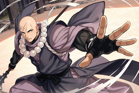 score_9,score_8_up,score_7_up,best quality,ultra-detailed,high resolution,digital painting,8k,1boy,solo,male focus,bara,cowboy shot,detailed face,bald,monk,beads,jewelry,necklace,japanese clothes,white prayer beads,scar,scar on face,fingerless gloves,weapon,polearm,dynamic pose,looking at viewer,game cg,<lora:add-detail-xl:1>,<lora:League_of_Legends__illustrious-XL:0.5>,<lora:rokudenashi:0.5>,<lora:FGO Hozoin Inshun:0.6>,fgo hozoin inshun,