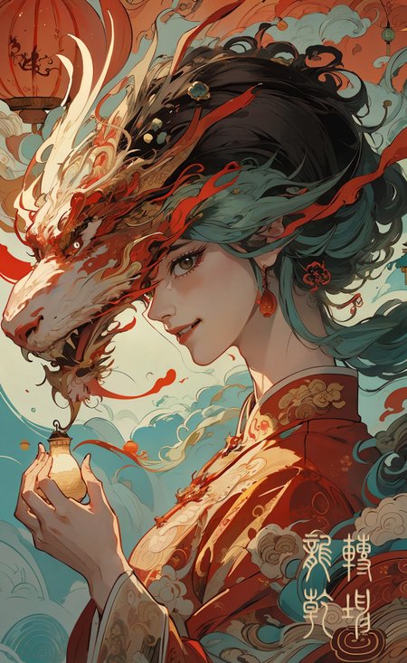 1girl solo, masterpiece, best quality, ultra high res, extremely detailed, award-winning painting, (style of Yuko Shimizu:1.3), long hair, red dress, (chinese dragon:1.2), red theme, visually stunning, beautiful, artistic, Chinese dress, bangles, face focused, smile, happiness, crowd, flying lantern

<lora:全网首发_国风仙丹-神话(山海经)_Chinese mythology_v1.0:0.5> <lora:zhongfenghuaStyle_v10:0.3> <lora:天地游龙_天地游龙.v2:0.2>