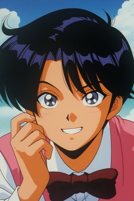 masterpiece, best quality, source_anime,official art,perfect_anatomy,1990s_\(style\),retro_artstyle,1boy,Shuichi_Shirato,black_hair,bangs,red_bowtie,white_shirt,long_sleeves,pink_vest,(detailed face,looking_at_viewer,grin),upper_body,blue_sky,cloud