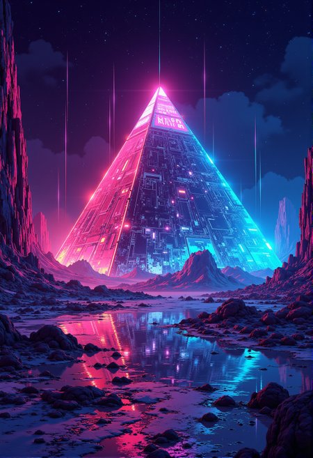 <lora:ck-ghost-reaper:0.9>, This is a digital artwork in the style of ckgr,
pyramids neon fire in the eternal night, built from futuristic nano-glas, cascading holographic patterns