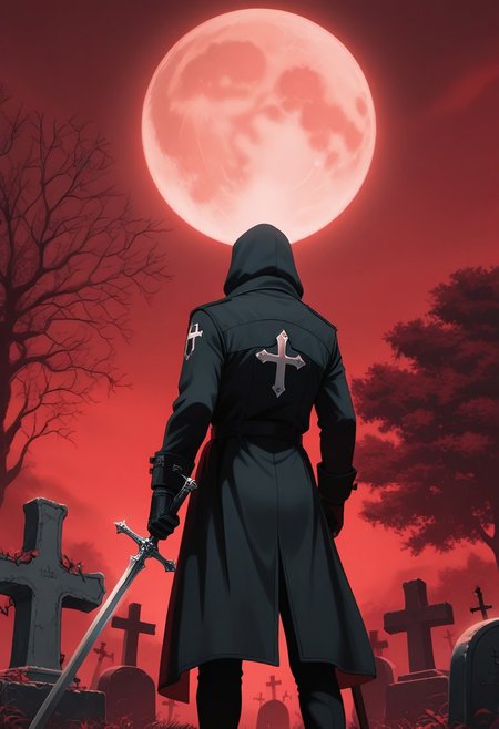 masterpiece, best quality, amazing quality, LDSCH, aesthetic, 1boy, male focus, red sky, tombstone, solo, moon, cross, graveyard, weapon, holding, sword, tree, red moon, from behind, coat, outdoors, standing, holding weapon, sky, holding sword, full moon, gloves