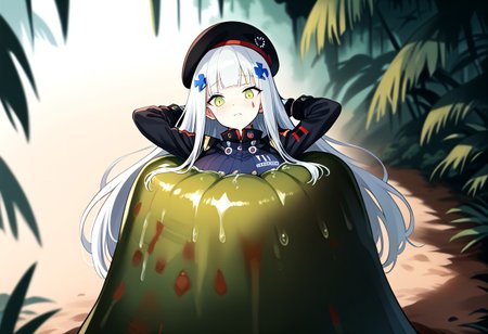 NSFW, looking down, masterpiece, best quality, amazing quality, very aesthetic, score_9,score_8_up, score_7_up, score_6_up, BREAK, official art, solo, outdoors, upper body, (portrait:1.5), looking at viewer, facing viewer, blush, hk416 (girls' frontline), hat,beret, black headwear, very long hair, white hair, x hair ornament, sidelocks, blunt bangs, green eyes, facial mark, teardrop, military jacket, purple jacket, clothes writing, uniform, white gloves, long sleeves, black sleeve, german flag, large breasts, skindentation, <lora:HK416(gf)-Pony:1.3>, (score_9, score_8_up, score_7_up, score_6_up, score_5_up, score_4_up), source_anime,<lora:vore_lower_body-2:1>, slime creature, restrained, vore, Like like, monster, <lora:Like like illus:1>, arms out, arms behind head, Creature massaging her, (jungle:1.2), (blushing), looking down, palmtree blurry background depth of field, (from above:1.3), arms down
