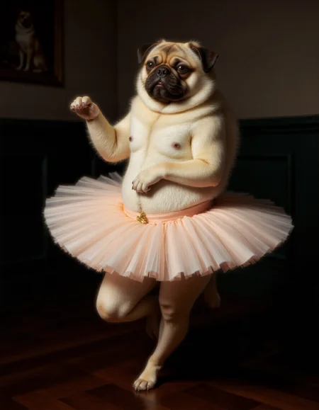 Rembrandt style full body shot of <lora:antr:1>, This is a high-resolution, CGI-rendered photograph of a fluffy, tan and white pug dog dressed in a ballet tutu. The dog is depicted mid-ballet pose, with one paw raised elegantly in the air, and the other firmly planted on the floor. The tutu is a soft, pastel pink, adding a whimsical and playful element to the image. The dog's fur is meticulously detailed, showcasing its fluffy texture and the intricate patterns of its fur, including the distinctive markings on its face., The background features a dark green wall with elegant wainscoting, adding a classic and sophisticated atmosphere to the scene. On the wall to the left, there is a framed photograph of another dog, which adds to the whimsical and humorous theme of the image. The floor is made of polished, dark wooden planks, which contrast with the light colors of the dog and tutu. The overall composition and lighting create a warm and inviting environment, emphasizing the playful and humorous nature of the scene. The image captures the essence of a dog's natural grace and charm, combined with a whimsical, human-like pose and attire, making it a humorous and endearing portrayal.. Whole outfit, clear, sharp, balanced . Baroque, chiaroscuro, realistic, emotional, "flat lighting