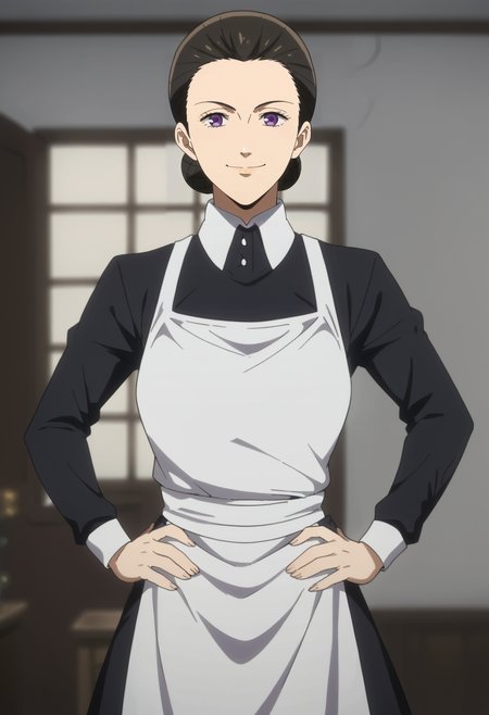 <lora:Isabella-The_Promised_Neverland:0.85>,isabella,mature female,1girl,solo,black hair,purple eyes,hair bun,
maid,cowboy shot, hands on own hips, looking at viewer, smile,indoors