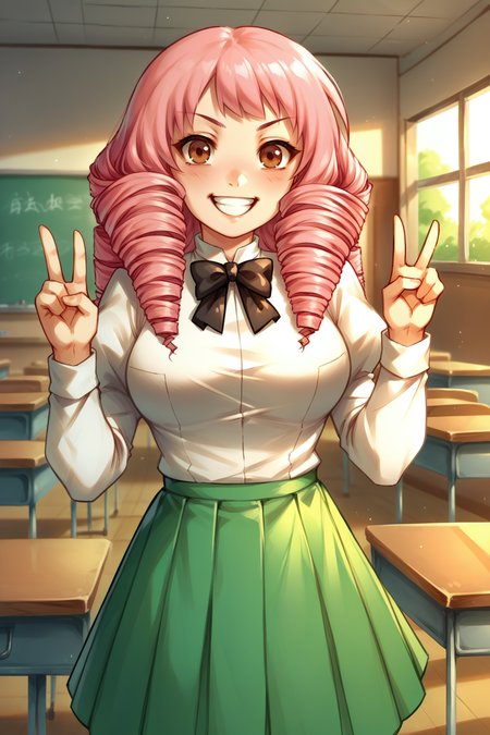 score_9, score_8_up,  <lora:NSMishaKatawa:1> NSMishaBase, brown eyes, pink hair, long hair, drill hair, twin drills, black bowtie, white collared shirt, puffy sleeves, long sleeves, green skirt, pleated skirt, v-sign, happy, indoors, classroom