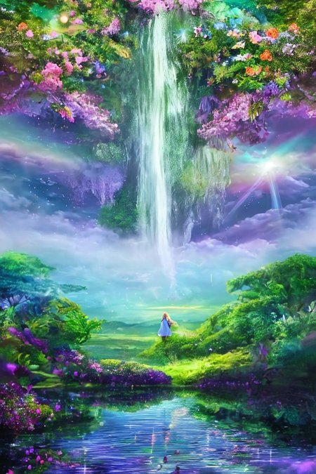 Amazing fantasy artwork, a psychedelic plane of existence, waterfall landscapes, mist, refractions, reflective water surface, oil slick, sun rays, bizarre plants, a turtle and a frog, trippy, visually arresting and stunning, hyper realistic, shrooms, imaginative, magical and mysterious feeling, captivating, strange and beautiful, magical, dream-like world, spirit quest for Alice in Wonderland character, Gaia's psychedelic fever dream, astonishing thunder clouds in the sky, beautiful 20yo Alice with blonde hair, she's in a night gown, she looks out onto the vista, amazing view, rain swept meadow, lightning, cricket, highest quality, epic lighting, extreme detail, masterpiece, a world unlike Earth but gorgeous and riveting, depth of image, layers of landscape, weird trees, fantastical, fandist, OverallDetail