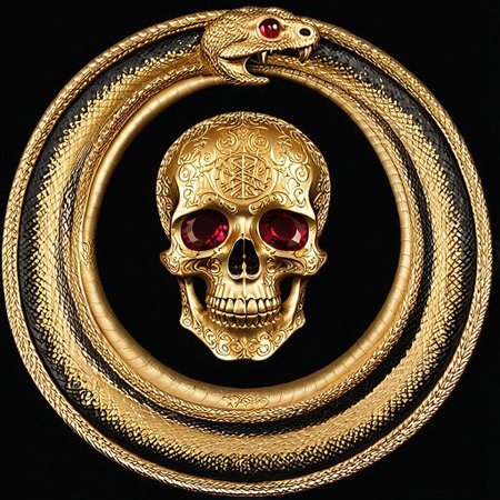 Black and gold medallion, a skull and crossbones symbol in the center of the medallion, skull_graphics,  a black ouroboros on the outer edge of the medallion. the boarder around the medallion is a snake eating its tail, intricate engraved black background+, very detailed, high resolution. Red Rubies are used for the skull eyes. A green emerald is used for the snake’s eye.