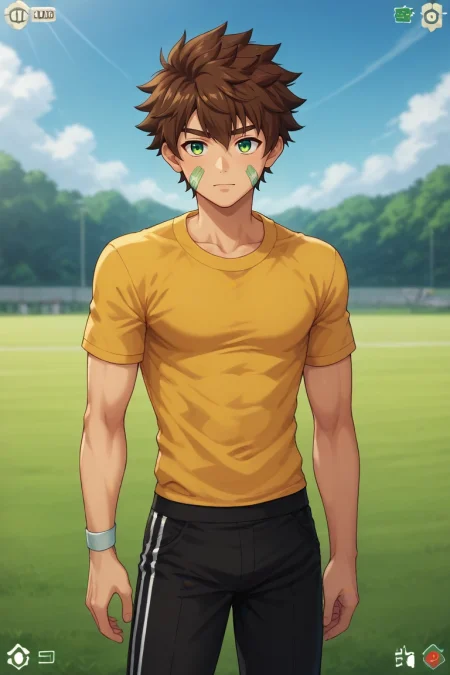 score_9, score_8_up, score_7_up, source_anime, rating_safe, intricate details, , , depth of field, 1boy, solo, male focus, <lora:keitaro_nagame_pony:0.98>, keitaro_nagame, brown hair, green eyes, short hair, bandaid on face, , quantum lab, holographic displays, energy fields, data streams, working pose, concentrated expression, blue lighting, , <lora:sdxl_lightning_8step_lora:1>