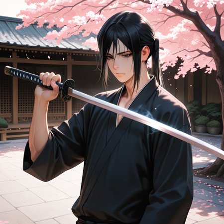 masterpiece, best quality, amazing quality, absurdres, newest, detailed background, definition so sharp, Ultra-HD, 8K cinematic, very awa, impressionate, amazing quality, highres, 
solo, male focus, manly, 
kurohyatogami, kuroh_black hair, kuroh_black eyes, 1boy, low tied hair, long hair, 
calm expression, gentle gaze, holding sword \(sheathed\), traditional japanese garden, cherry blossoms, soft lighting, peaceful, protective, serene, cool, warm aura