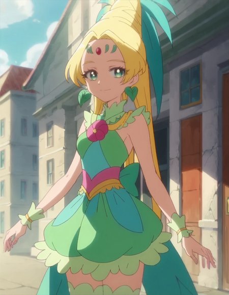 score_9, score_8_up, score_7_up, anime screencap, solo,1girl,cureoasis,jewelry, earrings, thighhighs,  looking at viewer, smile,  wrist cuffs,green skirt,  dress, forehead mark,  sleeveless,cowboy shot,medium breasts<lora:cureoasis:0.8>,