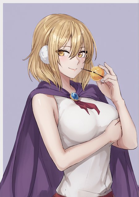 1girl, toyosatomimi no miko, huge breast, blonde hair, cape, closed mouth, dated, earmuffs, hair between eyes, holding baton, light smile, medium hair, one-hour drawing challenge, painting (medium), pointy hair, purple cape, shirt, sleeveless, sleeveless shirt, solo, traditional media, upper body, watercolor (medium), white shirt, yellow eyes, handfixer <lora:HandFixer_pdxl_Incrs_v1:1> <lora:å¤é²JeaiKe:1>