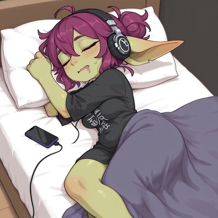 masterpiece, best quality, amazing quality, very aesthetic, absurdres, newest, k3monogo, Art Nouveau Fashion illustration,
BREAK,
1girl, solo, goblin girl, short stature, shortstack, chubby, medium breasts, green skin, black shirt, no sleeves, oversized shirt, long pointed ears, lying on side, asleep, drooling, headphones, listening to music, phone, messy hair, short purple hair, closed eyes, 
BREAK, blanket wrinkles, vibrant colors, relaxing mood, comfortable room, fluffy pillow, modern casual bedroom, cozy atmosphere, detailed background, deep contrast, limited color palette, high contrast black, dramatic composition, 