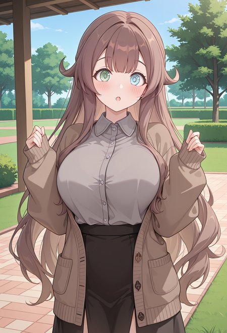 highres, best quality, masterpiece, indoors, park, tree, blue sky, bush, 
1girl, solo, rlpkuru, brown hair, very long hair, heterochromia, light blue eyes, light green eyes, large breasts,
collared shirt, black skirt, sleeves past wrists, grey shirt, dress shirt, cardigan, grass, brown jacket, open cardigan, brown cardigan,
looking at viewer, blush, open mouth, 
hands up, standing,
<lora:_kururu_pcr-elesico-ilxl:1>