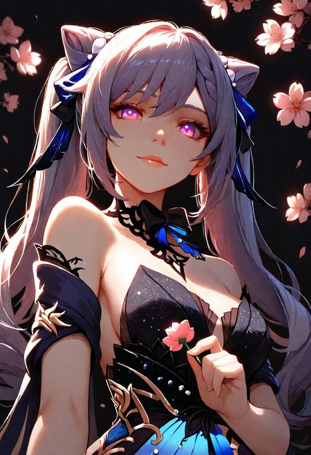 1girl, Keqing Genshin Impact, Opulent Splendor, glowing eyes, lips, thin lips, solo, looking at viewer, charming smile, holding flower, chupa chups, upper body, from below, back lighting, dark, multicolored background, masterpiece, cherry blossom, best quality, very aesthetic