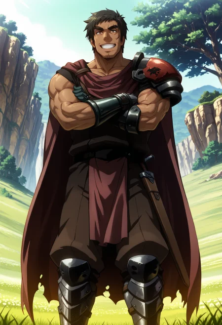 best quality, masterpiece, anime_screencap, hi res, best_quality, very aesthetic, absurdres, 8k, Kva1t,
1boy, male_focus, 
brown_eyes, black_hair, 
scar, manly,muscular, thick eyebrows, facial hair, stubble, sideburns,
grin,
armor, cape, shoulder armor, pauldrons, shoulder pads, gauntlets, gloves, greaves, 
kuroinu emblem, standing, crossed_arms, beautiful lighting, ray traced, outdoors, meadow, tree, cliff, day, sunshine