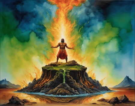 an ancient master of the elemental arts performing his craft, (ejecting fire earth air or water:1.3) into every direction, erupting water into the sky, pouring soil onto the floor, azure to green gradient background, semi-realistic aquarelle, bright lighting, best quality, masterpiece, extremely detailed, 8K <lora:add-detail-xl:2>