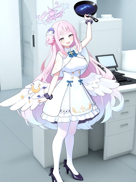 (masterpiece,best quality,ultra_detailed,highres,absurdres:1.2,amazing quality,very aesthetic),<lora:vrc_ilxl_v1:1>,mika \(blue archive\),1girl,solo,large breasts,yellow eyes,pink hair,single side bun,hair flower,mika halo,gradient hair,blue bowtie,white dress,mika angel wings,white pantyhose,wrist scrunchie,low wings,starry sky print,white capelet,high heels,smile,open mouth,office,looking at viewer,standing,holding frying pan,arm up,