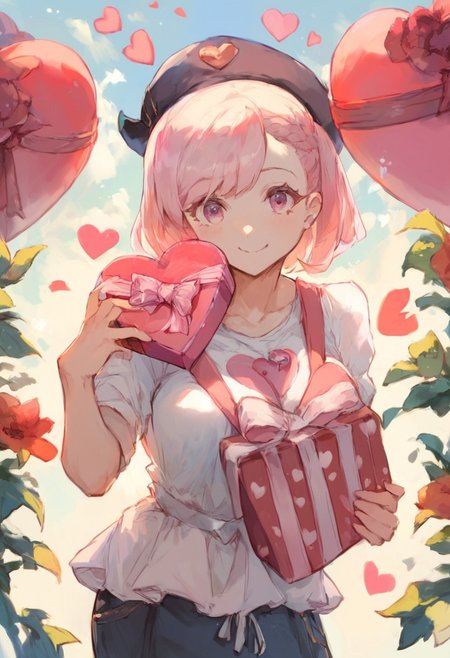score_9, score_8_up, score_7_up, score_6_up, 2girls, Galentine's Day, anime, sharing gifts, valentines day, pink and white clothing, cute, smiling, cute face