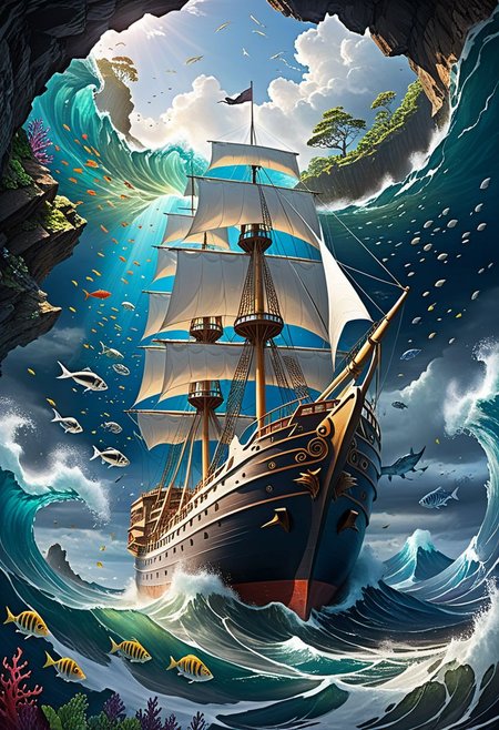 Create a mesmerizing scene of a majestic ship sailing through the tumultuous ocean waters, surrounded by a multitude of vibrant and exotic fish. The ship, an imposing vessel with billowing sails and intricate details, cuts through the choppy waves with a sense of grandeur and adventure. The ocean teems with life as schools of colorful fish dance around the ship, their scales shimmering in the sunlight. The sky above is dramatic and foreboding, hinting at an impending storm, adding a sense of urgency to the scene. The entire composition exudes a dynamic energy, capturing the essence of a thrilling musical album cover by the renowned artist Makoto Aida. The image is rich in detail and texture, with every element meticulously rendered to create a top-rated masterpiece on Pixiv. The underwater world comes alive as the ship appears to be floating amidst a chaotic sea setting, with roots and foliage swirling underwater, adding a surreal and dreamlike quality to the scene. The overall atmosphere is one of mystery, exploration, and the boundless possibilities of the deep blue sea.