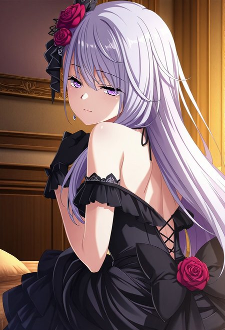 masterpiece, best quality, good quality,anime coloring,Game_CG,1girl,Erika_Lluvia,purple eyes,long hair,light purple hair,hair flower,black dress,bare_shoulders,rose,black gloves,in room
