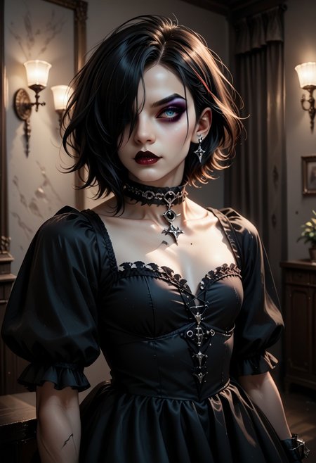 h0tp33p0, solo, makeup, black hair, gothic, lipstick, choker, hair over one eye, dress, jewelry, eyeshadow, 1boy, male focus, visual kei ,  cinematic angle, score_9, score_8_up, score_7_up, score_6_up, score_5_up, score_5_up, score_4_up
