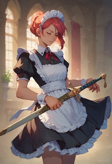 score_9, score_8_up, score_7_up, 1girl, maid apron, maid headdress, sheathed sword
<lora:sheathed_sword_pony_1_final:1>