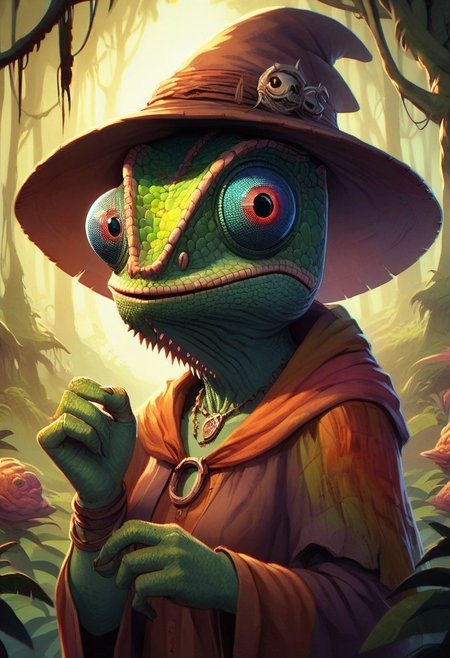 score_9, score_8_up, score_7_up, chameleonfolk, 1woman, witch, colorful outfit, swamp background